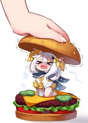 Rule 34 | &gt;o&lt;, 1girl, blush, cheese, chibi, crying, emergency food, closed eyes, fairy, food, genshin impact, halo, burger, highres, lettuce, paimon (genshin impact), pickle, scared, scarf, simple background, single thighhigh, solo, ssorasora, tears, thighhighs, tomato, trembling, wavy mouth, white background, white hair