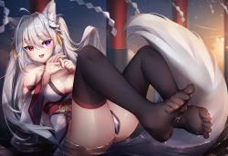 Rule 34 | 1girl, :3, ahoge, animal ear fluff, animal ears, bare shoulders, black thighhighs, blue sky, blush, breasts, choker, cleavage, cloud, collarbone, fang, feet, female focus, fox ears, fox girl, fox tail, full body, gradient sky, grey hair, hair between eyes, hair intakes, hair ornament, hands up, happy, heterochromia, highres, indie virtual youtuber, japanese clothes, kimono, leaning back, legs up, long hair, medium breasts, no panties, obi, off shoulder, official art, open mouth, outdoors, own hands together, penetration gesture, purple eyes, red choker, red eyes, sash, shide, shiny skin, short kimono, shrine, sidelocks, sitting, skin fang, sky, smile, solo, sunset, tail, thighhighs, thighs, tongue, tongue out, umou (may65879), virtual youtuber, water, white kimono, ye qing (vtuber)