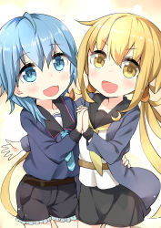 Rule 34 | 10s, 2girls, absurdres, bike shorts, blonde hair, blue eyes, blue hair, commentary request, crescent, crescent pin, eyebrows, gradient background, highres, holding hands, kantai collection, long hair, looking at viewer, minazuki (kancolle), miniskirt, multiple girls, neckerchief, open mouth, remodel (kantai collection), ryuki (ryukisukune), satsuki (kancolle), school uniform, serafuku, short hair, simple background, skirt, yellow eyes