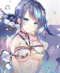 Rule 34 | 1girl, air bubble, bikini, blue eyes, blue hair, breasts, bubble, choker, cleavage, crying, crying with eyes open, fins, hair ornament, hairclip, hand on own chest, highres, long hair, looking at viewer, mcmcmococo, medium breasts, ningyo hime (sinoalice), sad, sidelocks, sinoalice, solo, swimsuit, tears, twintails, water