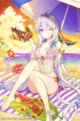 Rule 34 | 1girl, ;q, age of ishtaria, ahoge, bare legs, bare shoulders, barefoot, beach, beach mat, beach umbrella, bikini, breasts, byulzzi, cleavage, cloud, collarbone, copyright notice, cup, dragon fruit, drinking glass, fishnet top, fishnets, flower, flower anklet, flower bracelet, food, front-tie bikini top, front-tie top, hair bobbles, hair flower, hair ornament, hands up, heart, heart-shaped pupils, hibiscus, holding, holding food, horizon, hurricane glass, kebab, knees up, large breasts, long hair, looking at viewer, navel, ocean, official art, one eye closed, orange sky, outdoors, palm tree, pink bikini, purple eyes, side-tie bikini bottom, sitting, sky, solo, starfish, striped bikini, striped clothes, sunset, swimsuit, symbol-shaped pupils, tongue, tongue out, tree, tropical drink, umbrella, very long hair, watermelon seeds, white hair