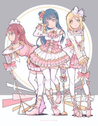 Rule 34 | 10s, 3girls, :o, ascot, blonde hair, blue hair, blush, boots, bow, braid, clothing cutout, corset, crown braid, detached sleeves, flower, frilled skirt, frilled sleeves, frills, full body, guilty kiss (love live!), hair bow, hair bun, hair flower, hair ornament, hair rings, half updo, highres, lace, lace-trimmed skirt, lace trim, leaning forward, long hair, long sleeves, looking at viewer, love live!, love live! sunshine!!, microphone stand, multiple girls, ohara mari, pink footwear, purple eyes, qianqian, red hair, sakurauchi riko, see-through, see-through sleeves, shoulder cutout, side bun, single side bun, skirt, standing, thighhighs, transparent sleeves, tsushima yoshiko, w over eye, white legwear, yellow bow, yellow eyes