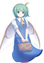 Rule 34 | 1girl, ascot, basket, blue eyes, blue skirt, blue vest, breasts, commentary request, daiyousei, fairy wings, feet out of frame, green hair, hair ribbon, highres, holding, holding basket, looking at viewer, one side up, partial commentary, puffy short sleeves, puffy sleeves, resa 7z (resastr), ribbon, shirt, short hair, short sleeves, simple background, skirt, small breasts, smile, solo, standing, touhou, v arms, vest, white background, white shirt, wings, yellow ascot
