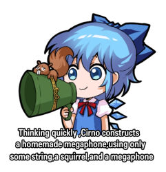 Rule 34 | 1girl, blue bow, blue dress, blue eyes, blue hair, bow, chibi, cirno, commentary request, dave the barbarian, dress, hair bow, holding, holding megaphone, jokanhiyou, megaphone, puffy short sleeves, puffy sleeves, shirt, short hair, short sleeves, solo, squirrel, string, touhou, upper body, white shirt