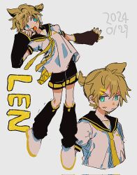 Rule 34 | 1boy, 2024, aqua eyes, black arm warmers, black leg warmers, black nails, black sailor collar, black shorts, blue hair, dated, full body, grey background, hairpin, headphones, highres, kagamine len, kiii 4590, looking at viewer, looking to the side, male focus, multiple hairpins, necktie, sailor collar, shirt, short hair, short ponytail, shorts, simple background, solo, vocaloid, white footwear, white shirt, yellow necktie