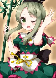 Rule 34 | 1girl, apron, bamboo, bow, brown background, buttons, cowboy shot, dress, green dress, green eyes, green hair, highres, holding, holding plant, looking at viewer, one eye closed, open mouth, petticoat, plant, ruu (tksymkw), short hair with long locks, short sleeves, simple background, smile, solo, standing, teireida mai, touhou, waist apron, white apron, yellow bow