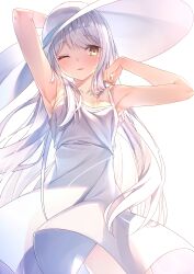 Rule 34 | 1girl, armpits, arms up, commentary request, cowboy shot, dress, highres, long hair, looking at viewer, one eye closed, original, shiro youduki, simple background, solo, sundress, white background, white hair, white headwear, yellow eyes