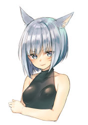 Rule 34 | &gt;:), 1girl, animal ears, bare arms, bare shoulders, black shirt, blue eyes, breasts, cat ears, closed mouth, collarbone, commentary request, covered erect nipples, facial mark, final fantasy, final fantasy xiv, looking at viewer, medium breasts, midorikawa you, miqo&#039;te, shirt, short hair, silver hair, simple background, sleeveless, sleeveless shirt, smile, solo, tsurime, v-shaped eyebrows, white background