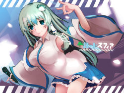 Rule 34 | + +, 1girl, blue eyes, blue skirt, blush, breasts, closed mouth, cookie (touhou), frog hair ornament, green hair, hair ornament, hair tubes, highres, holding, holding microphone, kochiya sanae, large breasts, long hair, looking at viewer, microphone, paseri (cookie), pianika, skirt, smile, solo, touhou