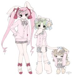 3girls animal_ears animal_hat arms_up bad_id bad_twitter_id bow bow_legwear brown_hair cardigan cat_ears cat_hat cat_tail child closed_eyes covering_own_mouth dejiko di_gi_charat dice_hair_ornament full_body green_hair hair_bow hair_ornament hand_on_own_hip hat hat_bell long_hair long_sleeves looking_at_viewer low_twintails miniskirt multiple_girls paw_shoes pink_eyes pink_hair pleated_skirt puchiko rabbit_ears school_uniform short_hair skirt socks tail twintails u_emper usada_hikaru very_long_hair