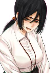 Rule 34 | 1girl, black hair, black skirt, blouse, bralines, breasts, collared shirt, grey eyes, hair between eyes, highres, hoshi san 3, lanyard, large breasts, long hair, long sleeves, looking at viewer, mole, mole under eye, mole under mouth, office lady, open mouth, original, ponytail, shirt, simple background, skirt, solo, white background, white shirt, wing collar
