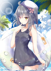Rule 34 | 1girl, ahoge, aruka (alka p1), beret, black hair, blush, bow, breasts, cloud, cowboy shot, finger to mouth, hair between eyes, hair ornament, hat, heterochromia, highres, innertube, lens flare, medium hair, one-piece swimsuit, original, outdoors, palm tree, pink bow, red eyes, school swimsuit, sky, small breasts, solo, standing, swim ring, swimsuit, tree, water, white hat, x hair ornament, yellow eyes