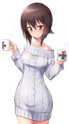 Rule 34 | 10s, 1girl, aran sweater, bare shoulders, blush, brown eyes, brown hair, cable knit, closed mouth, collarbone, commentary request, cowboy shot, cross, cup, dress, emblem, girls und panzer, highres, holding, holding cup, iron cross, kuzuryuu kennosuke, long sleeves, looking at viewer, mug, nishizumi maho, off-shoulder dress, off shoulder, ribbed dress, short hair, simple background, smile, solo, standing, steam, sweater, sweater dress, white background, white dress