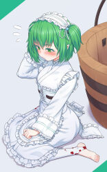 Rule 34 | 1girl, adapted costume, alternate costume, blood, blush, bucket, closed mouth, commentary request, flying sweatdrops, full body, green eyes, green hair, hair bobbles, hair ornament, hairband, highres, japanese clothes, kakone, kimono, kisume, lolita fashion, lolita hairband, long sleeves, short hair, sitting, solo, touhou, two side up, wariza, white kimono