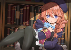 Rule 34 | 1girl, black coat, black hat, black pantyhose, blue eyes, book, bookshelf, braid, brown hair, coat, commentary request, eyebrows, hat, hugging object, indoors, kumehara chiyota, long hair, looking at viewer, open mouth, pantyhose, princess connect!, sitting, skirt, solo, twin braids, twintails, white skirt, yuni (princess connect!)