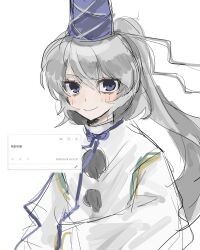 Rule 34 | 1girl, blush, closed mouth, grey hair, hakusi i, hat, highres, japanese clothes, kariginu, long hair, looking at viewer, mononobe no futo, pom pom (clothes), ponytail, simple background, smile, solo, tate eboshi, touhou, upper body, white background