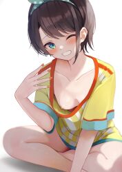 Rule 34 | 1girl, absurdres, arm support, breasts, buket pudding i, downblouse, grin, hairband, head tilt, highres, hololive, looking at viewer, nipples, no bra, one eye closed, oozora subaru, orange nails, parted lips, shadow, simple background, sitting, small breasts, smile, solo, sweat, teeth, thighs, virtual youtuber, white background, wink