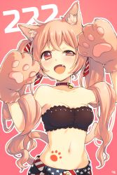 Rule 34 | 1girl, :d, animal ears, animal hands, arm up, bad id, bad pixiv id, bare shoulders, bell, breasts, cat ears, claws, cleavage, collar, collarbone, crossed bangs, fang, gloves, groin, hair ribbon, half-closed eye, hand up, jingle bell, kano hito, medium breasts, navel, neck bell, open mouth, orange eyes, orange hair, original, outline, paw gloves, paw print, paw tattoo, pink background, red collar, ribbon, smile, solo, star (symbol), star print, strapless, striped ribbon, tattoo, tube top, twintails, uneven eyes, white outline