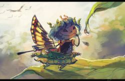 Rule 34 | 1girl, bird, blue hair, butterfly hair ornament, butterfly wings, caterpillar, dress, eternity larva, green dress, hair ornament, hidden star in four seasons, insect wings, koto inari, leaf, leaf hair ornament, letterboxed, short hair, smile, solo, touhou, water drop, wings