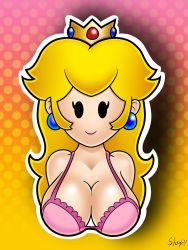 Rule 34 | 1girl, artist name, bare shoulders, black eyes, black outline, blank eyes, blonde hair, bra, breasts, circle, cleavage, closed mouth, collarbone, cropped torso, crown, earrings, elbow gloves, eyelashes, gloves, gradient background, highres, jewelry, large breasts, lips, long hair, looking at viewer, mario (series), nintendo, no nose, orange background, outline, paper mario, patterned background, pink background, pink bra, pink lips, princess peach, shadow, sidelocks, sleepiitreat, smile, solo, underwear, upper body, white outline, yellow background