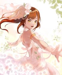 Rule 34 | 1girl, :d, armlet, backless dress, backless outfit, bridal gauntlets, bridal veil, brown hair, choker, dress, floating hair, flower, gloves, hair flower, hair ornament, idolmaster, idolmaster cinderella girls, igarashi kyoko, long hair, looking to the side, open mouth, outstretched arms, see-through, side ponytail, sleeveless, sleeveless dress, smile, solo, standing, strapless, strapless dress, swept bangs, uro (uro zi), veil, wedding dress, white background, white dress, white flower, white gloves, yellow eyes