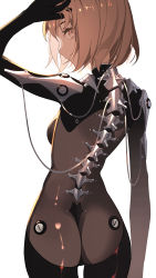 1girl ass bodysuit brown_eyes brown_hair cable commentary_request hand_in_own_hair hand_on_own_head highres looking_at_viewer looking_back mechanical_spine original science_fiction shiny_clothes short_hair simple_background skin_tight solo thighs tsuki-shigure white_background