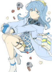 Rule 34 | 1girl, animal, bag, blue coat, blue dress, blue hair, blue nails, boots, candy, chocolate, chocolate heart, coat, dress, floral print, food, frilled coat, frills, gotland (kancolle), hair ribbon, heart, high heel boots, high heels, holding, hood, hood down, hooded coat, kantai collection, long hair, long sleeves, looking at viewer, mole, mole under eye, nail polish, ninimo nimo, official alternate costume, ponytail, ribbon, sheep, simple background, smile, tassel, valentine, weapon, white background, white footwear, yellow ribbon