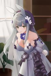 Rule 34 | absurdres, animal ears, blunt bangs, breasts, breasts squeezed together, choker, cleavage, detached sleeves, dress, facial mark, flower, flower choker, frilled dress, frills, girls&#039; frontline, green eyes, grey hair, hair flower, hair ornament, hands on own breasts, hands on own chest, hat, highres, hk416 (girls&#039; frontline), hk416 (herbal-flavored hard candy) (girls&#039; frontline), kurage (yoni 0327), long hair, official alternate costume, rabbit ears, shield, strapless, strapless dress, teardrop, teardrop facial mark, teardrop tattoo