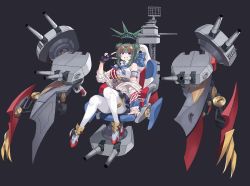 Rule 34 | 1girl, absurdres, american flag, american flag print, anchor print, armband, aviator sunglasses, cannon, chair, fingerless gloves, flag print, gloves, hack waltz, highres, mecha musume, military, off-shoulder jacket, off shoulder, original, personification, rigging, sailor collar, ship, sitting, statue of liberty, sunglasses, turret, turtleneck, uss new york (bb-34), watercraft