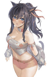 Rule 34 | 1girl, ahoge, animal ears, arm strap, ati (user udhn5578), atiarta7, warrior of light (ff14), bandeau, bare shoulders, black hair, blue eyes, breasts, cat ears, cat girl, cat tail, choker, cleavage, collarbone, commission, cowboy shot, crop top, facial mark, final fantasy, final fantasy xiv, grey jacket, highres, jacket, long hair, looking at viewer, medium breasts, midriff, miqo&#039;te, navel, off shoulder, open clothes, open jacket, parted lips, pink shorts, ponytail, revealing clothes, short shorts, shorts, simple background, solo, stomach, strapless, tail, thighs, tube top, white background, white choker