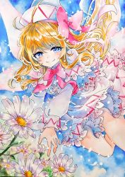 Rule 34 | 1girl, blonde hair, blue eyes, blush, bow, bowtie, capelet, chaka3464, commentary request, daisy, day, dress, fairy wings, feet out of frame, field, flower, flower field, flying, frilled dress, frills, hat, hat bow, lily white, long hair, long sleeves, looking at viewer, pink bow, smile, solo, touhou, traditional media, white capelet, white dress, white hat, wings