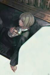 Rule 34 | 1boy, absurdres, blonde hair, chain, closed mouth, commentary, couch, eyeball, hair between eyes, highres, holding, holding jar, hunter x hunter, jar, jewelry, kurapika, kyuuba melo, looking at viewer, lying, multiple rings, on couch, red eyes, ring, short hair, signature, solo, symbol-only commentary