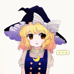 Rule 34 | ..., 1girl, black dress, black hat, blonde hair, blush, crescent, crescent pin, dress, hat, highres, kirisame marisa, legacy of lunatic kingdom, long hair, open mouth, puffy short sleeves, puffy sleeves, rei (tonbo0430), short sleeves, simple background, solo, spoken ellipsis, touhou, upper body, white background, white dress, witch hat, yellow eyes