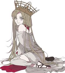 Rule 34 | 1girl, blonde hair, copyright request, crown, dress, ebanoniwa, grey dress, grey eyes, long hair, looking at viewer, looking to the side, parted lips, sandals, simple background, sitting, smile, solo, very long hair, wariza, white background