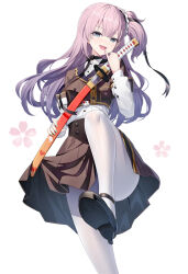 Rule 34 | 1girl, :d, black bow, black choker, black footwear, bow, brown jacket, brown skirt, choker, commentary request, floral background, grey eyes, hair between eyes, high heels, highres, holding, holding sheath, holding sword, holding weapon, jacket, katana, layered sleeves, long hair, long sleeves, looking at viewer, one side up, open mouth, pantyhose, pink hair, pleated skirt, puffy long sleeves, puffy sleeves, ririko (zhuoyandesailaer), sheath, shirt, shoe soles, shoes, short over long sleeves, short sleeves, simple background, skirt, smile, solo, standing, standing on one leg, sword, toji no miko, tsubakuro yume, unsheathing, very long hair, weapon, white background, white pantyhose, white shirt