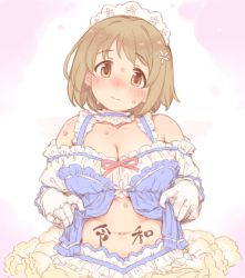 Rule 34 | 1girl, 7010, blush, body writing, breasts, brown eyes, brown hair, cleavage, collarbone, detached collar, detached sleeves, flower, frills, gloves, hair flower, hair ornament, headdress, idolmaster, idolmaster cinderella girls, large breasts, looking at viewer, mimura kanako, navel, plump, short hair, simple background, solo, stomach, sweat, translation request, upper body, white gloves