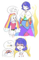 Rule 34 | blue hair, cape, chica, closed eyes, commentary, crossover, english commentary, english text, five nights at freddy&#039;s, hair intakes, hairband, highres, himuhino, multicolored clothes, multicolored hairband, rainbow, red shirt, shirt, short hair, shorts, simple background, sky print, smile, speech bubble, teeth, tenkyuu chimata, touhou, upper teeth only, white background, white cape, white hair, white shorts