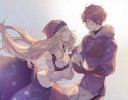 Rule 34 | 1boy, 1girl, blonde hair, blue eyes, breasts, brown eyes, brown hair, bustier, cleavage, gloves, head scarf, leather, leather gloves, long hair, looking at another, lynette (octopath traveler), medium breasts, midriff, miles (octopath traveler), navel, octopath traveler, octopath traveler: champions of the continent, open mouth, short hair, very long hair, wspread
