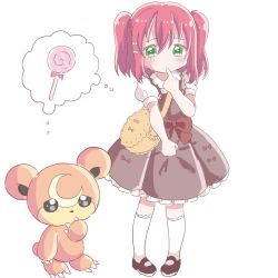 Rule 34 | 1girl, bag, black footwear, blush, bow, brown bow, brown dress, candy, creatures (company), crescent, crossover, dress, finger to mouth, food, game freak, gen 2 pokemon, green bow, green eyes, hair between eyes, hair bow, highres, kneehighs, kurosawa ruby, lollipop, love live!, love live! sunshine!!, mary janes, nintendo, pigeon-toed, pleated dress, pokemon, pokemon (creature), puffy short sleeves, puffy sleeves, red hair, shared thought bubble, shika (s1ka), shirt, shoes, short sleeves, shoulder bag, simple background, sleeveless, sleeveless dress, socks, standing, swirl lollipop, teddiursa, thought bubble, two side up, white background, white shirt, white socks