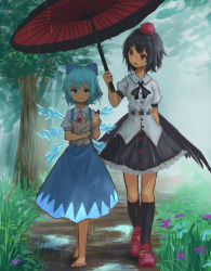 Rule 34 | 2girls, :t, bag, barefoot, bird wings, black legwear, blouse, blue eyes, blue hair, blush, bow, bowtie, breasts, cirno, collared shirt, commentary, dress, eating, flower, food, forest, grass, hair bow, hat, height difference, highres, ice, ice wings, low wings, medium breasts, mud, multiple girls, nature, outdoors, rain, red footwear, roke (taikodon), shameimaru aya, shared umbrella, shirt, skirt, socks, tokin hat, touhou, tree, umbrella, wings