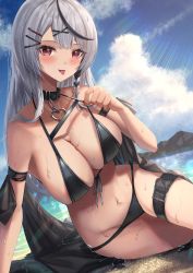 Rule 34 | 1girl, absurdres, amane sora, arm support, beach, bikini, bikini pull, black bikini, black collar, black hair, blue sky, blush, breasts, cleavage, clothes pull, cloud, collar, day, grey hair, hair ornament, hairclip, heart, highres, hololive, large breasts, long hair, lying, multicolored hair, nail polish, on side, outdoors, pulled by self, red eyes, red nails, revision, sakamata chloe, shawl, sitting, sky, solo, strap pull, streaked hair, sunlight, swimsuit, thigh strap, tongue, tongue out, virtual youtuber, x hair ornament