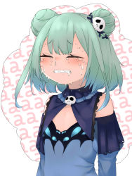 Rule 34 | 1girl, a (phrase), aqua hair, bad id, bad pixiv id, bare shoulders, cleavage cutout, clenched teeth, closed eyes, clothing cutout, commentary, crying, detached sleeves, double bun, dove pixie, drooling, female focus, flat chest, hair bun, hair ornament, highres, hololive, medium hair, mixed-language commentary, saliva, sidelocks, skull hair ornament, snot, snot trail, solo, standing, tears, teeth, uruha rushia, uruha rushia (1st costume), virtual youtuber, wavy mouth