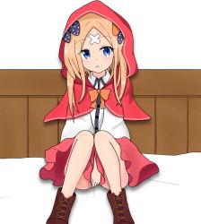 Rule 34 | 1girl, :o, abigail williams (fate), atsumisu, bad id, bad pixiv id, bed sheet, black bow, blonde hair, blue eyes, blush, boots, bow, brown footwear, capelet, collared shirt, commentary request, cosplay, covering privates, covering crotch, cross-laced footwear, crossed bandaids, dress shirt, fate/grand order, fate (series), hair bow, highres, hood, hood up, hooded capelet, lace-up boots, little red riding hood, little red riding hood (grimm), little red riding hood (grimm) (cosplay), long hair, looking at viewer, orange bow, parted bangs, parted lips, polka dot, polka dot bow, red capelet, red skirt, shirt, simple background, sitting, skirt, solo, white background, white shirt