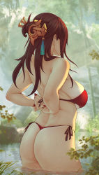 Rule 34 | 1girl, ass, beidou (genshin impact), bikini, blurry, blurry background, breasts, brown hair, commentary, day, english commentary, from behind, genshin impact, hair ornament, hair stick, large breasts, long hair, nail polish, outdoors, red bikini, solo, soranamae, standing, swimsuit, water