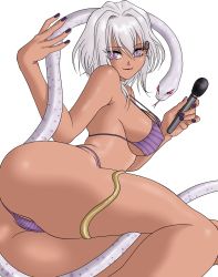 Rule 34 | absurdres, ass, bikini, breasts, dark-skinned female, dark skin, fang, g-string, highres, microphone, nail polish, pussy, sideboob, silver hair, snake, swimsuit, thong, tight clothes, tongue, tongue out, virtual youtuber, yatono levi