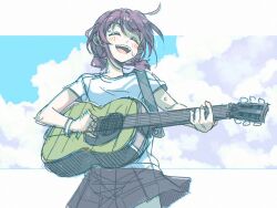 Rule 34 | 1girl, acoustic guitar, blue sky, closed eyes, cloud, cowboy shot, day, girls band cry, guitar, instrument, iseri nina, le0niigo, motion blur, open mouth, outdoors, plaid, plaid skirt, playing guitar, red hair, red skirt, shirt, short sleeves, short twintails, skirt, sky, smile, solo, sweat, twintails, white background, white shirt