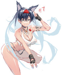 Rule 34 | animal ears, arknights, bare legs, bare shoulders, bikini, black choker, black gloves, blaze (arknights), blue eyes, blue nails, breasts, cat ears, cat girl, choker, cleavage, collarbone, crop top, fingerless gloves, gloves, hairband, highres, large breasts, long hair, looking at viewer, messy hair, navel, red hairband, salute, shirt, sketch, smile, swimsuit, thighs, torn clothes, torn shirt, two-finger salute, white background, white bikini, yuukiey
