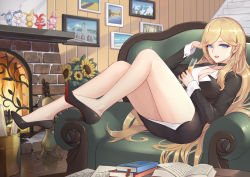 Rule 34 | 1girl, bianka durandal ataegina, black skirt, blazer, blonde hair, blue eyes, book, bookmark, breasts, choker, cleavage, couch, cup, drawing (object), drinking glass, earrings, fireplace, high heels, holding, holding cup, honkai (series), honkai impact 3rd, indoors, jacket, jewelry, large breasts, legs, liu lan, long hair, looking at viewer, louboutins, lying, miniskirt, on back, open book, paper, pencil skirt, pumps, shoes, skirt, stiletto heels, stuffed animal, stuffed toy, swept bangs, table, thighs, tile floor, tiles, very long hair, wine glass