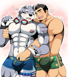 Rule 34 | 2boys, abs, animal ears, bara, black hair, blue eyes, blue male swimwear, blush, bulge, closed mouth, crave saga, facial hair, forked eyebrows, goatee, goggles, goggles around neck, green male swimwear, hakuma (crave saga), heart, highres, interspecies, looking at another, male focus, male swimwear, mouhu (bearlovestiger13), multiple boys, muscular, muscular male, nipple stimulation, nipple tweak, official alternate costume, open mouth, pectorals, protagonist (crave saga), scar, scar on arm, simple background, spoken blush, spoken heart, swim trunks, thick eyebrows, thick thighs, thighs, wolf boy, wolf ears, yaoi