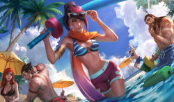 Rule 34 | 3boys, 3girls, absurdres, adjusting eyewear, alternate costume, arm floats, arm tattoo, armlet, ashe (league of legends), beach umbrella, beard, bikini, bikini top only, black hair, blue eyes, blue male swimwear, blue swim trunks, breasts, brown hair, chengwei pan, cleavage, darius (league of legends), drawstring, facial hair, fiora (league of legends), garen (league of legends), highres, inflatable armbands, katarina (league of legends), league of legends, long hair, male swimwear, medium breasts, midriff, multicolored hair, multiple boys, multiple girls, muscular, mustache, nail polish, navel, o-ring, o-ring top, official art, palm tree, partially submerged, pink nails, pink shorts, pool, pool party fiora, red hair, red male swimwear, red swim trunks, scar, scar across eye, scar on face, scarf, short hair, short ponytail, shorts, sitting, spiked hair, standing, sunglasses, swim trunks, swimsuit, tattoo, toy sword, tree, tryndamere, umbrella, water, white hair